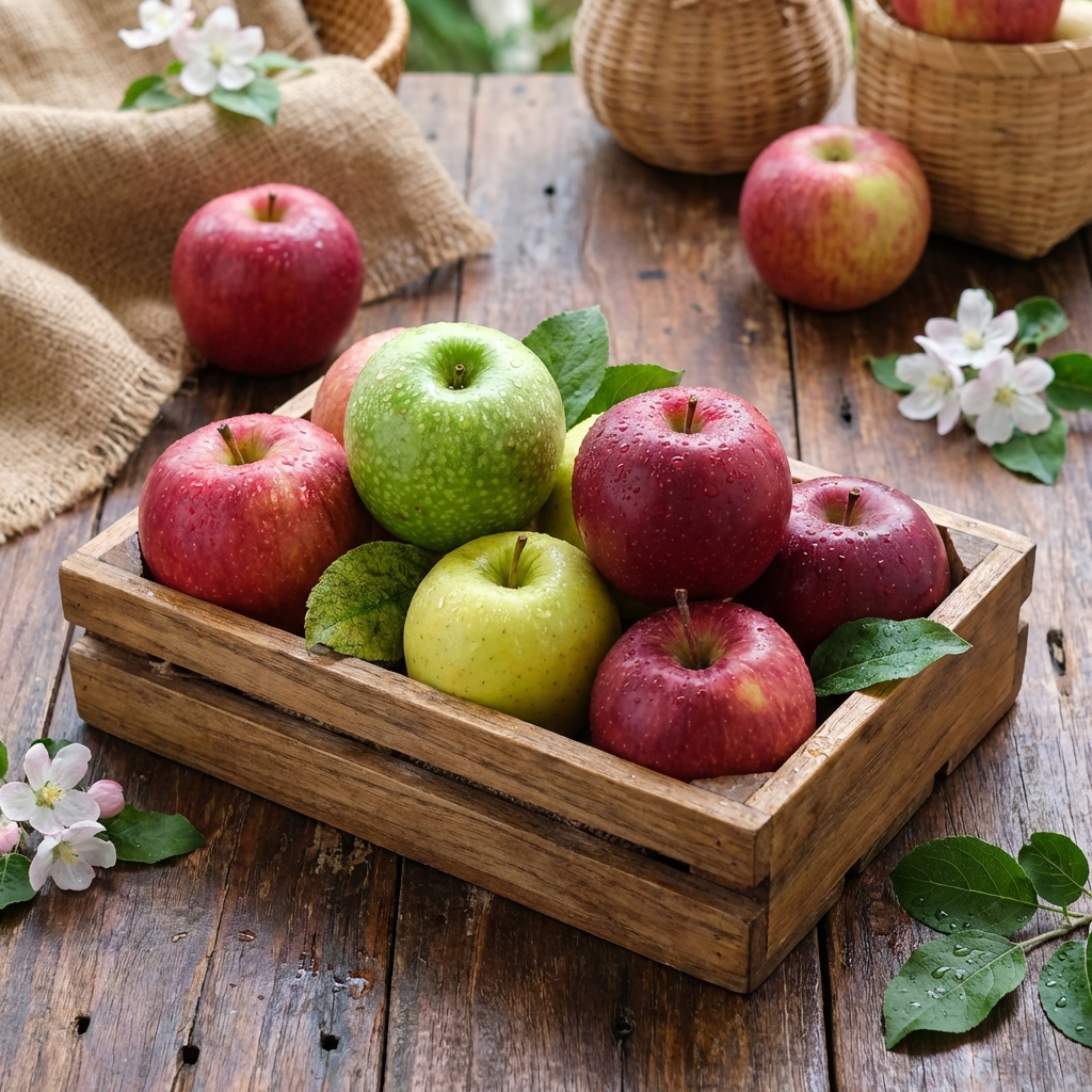 Berbagai varietas apel khas Batu Malang dalam keranjang kayu