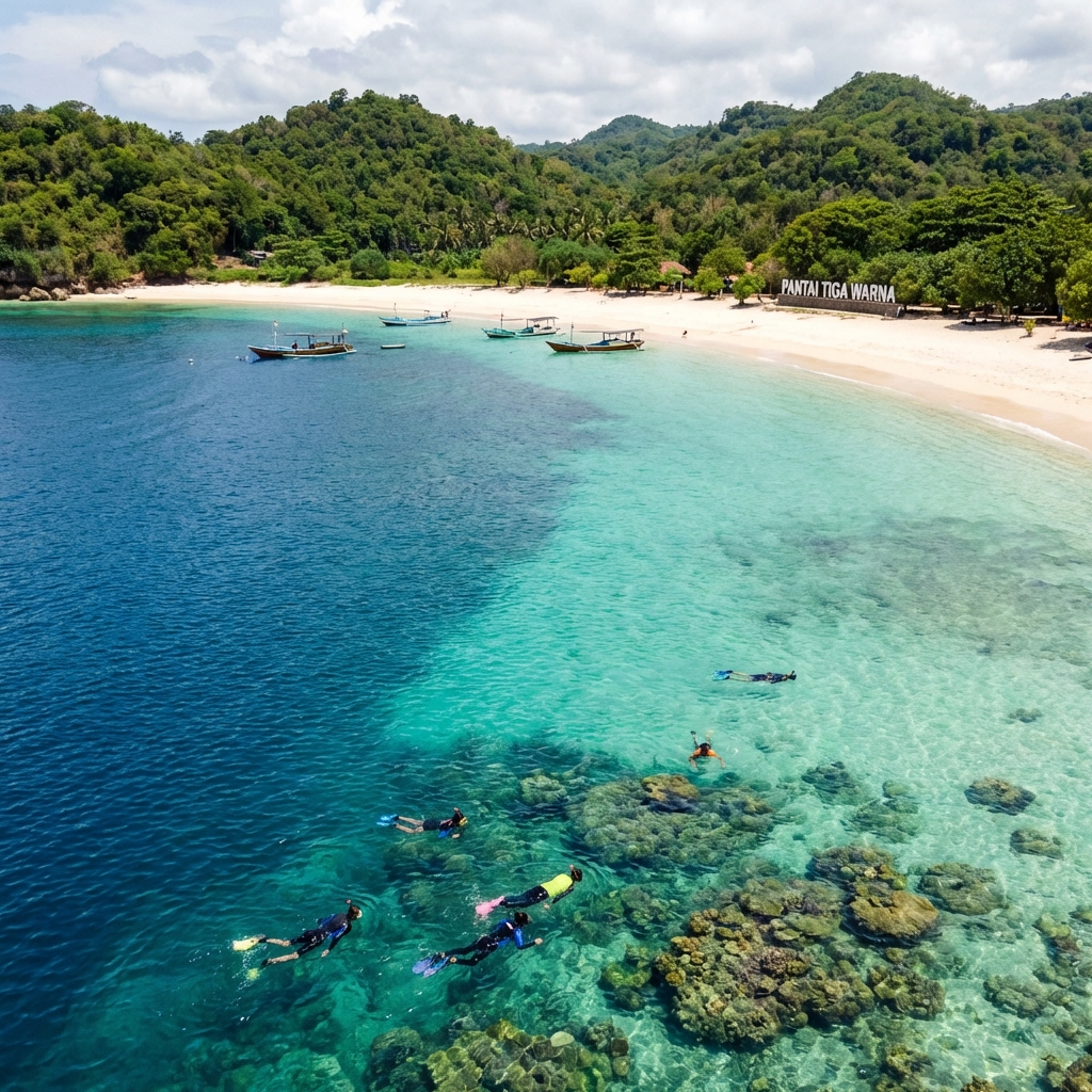 Pantai Tiga Warna dengan gradasi warna laut dan wisatawan snorkeling